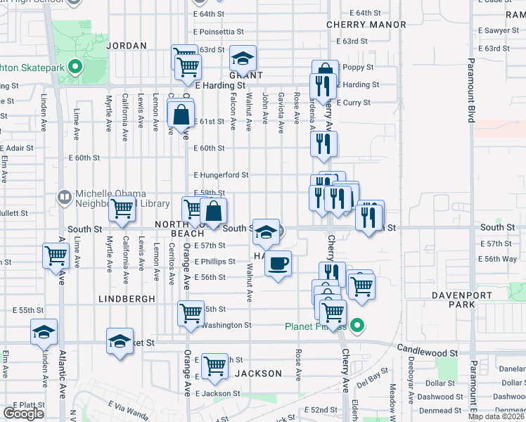 map of restaurants, bars, coffee shops, grocery stores, and more near 5836 Walnut Avenue in Long Beach