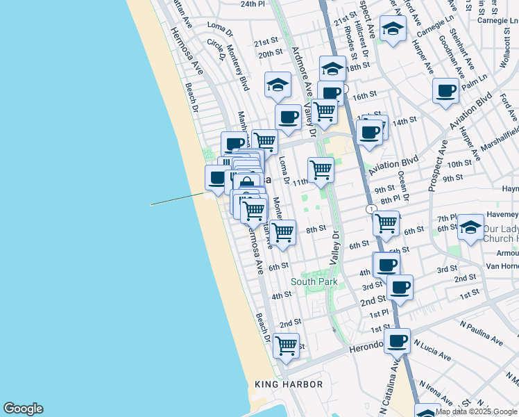 map of restaurants, bars, coffee shops, grocery stores, and more near 1018 Hermosa Avenue in Hermosa Beach