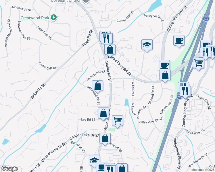map of restaurants, bars, coffee shops, grocery stores, and more near 2151 Cheyanne Drive Southeast in Smyrna