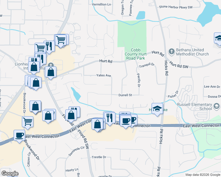 map of restaurants, bars, coffee shops, grocery stores, and more near 1347 Yates Avenue in Austell