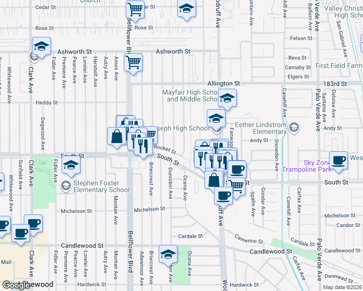 map of restaurants, bars, coffee shops, grocery stores, and more near 5827 Eastbrook Avenue in Lakewood