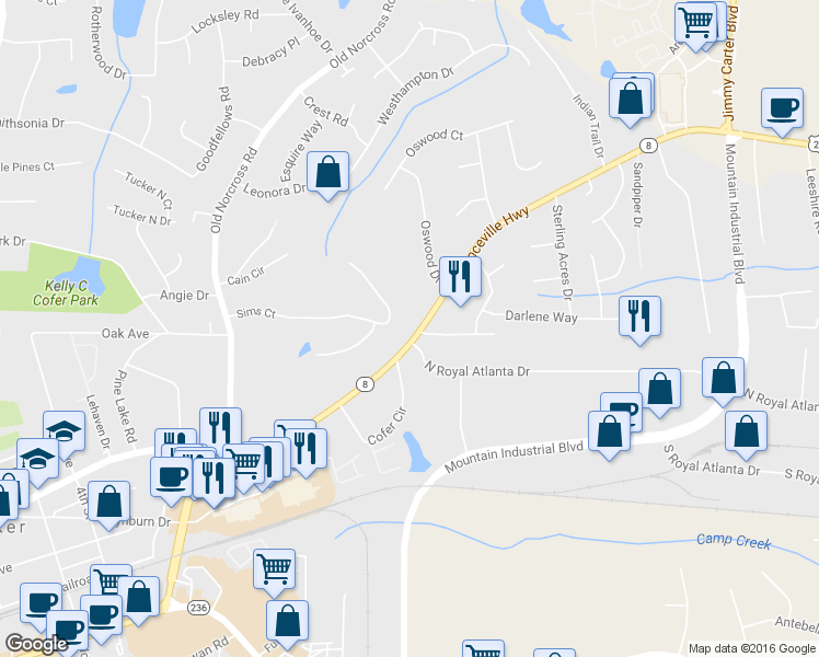 map of restaurants, bars, coffee shops, grocery stores, and more near 4584 Lawrenceville Highway in Tucker