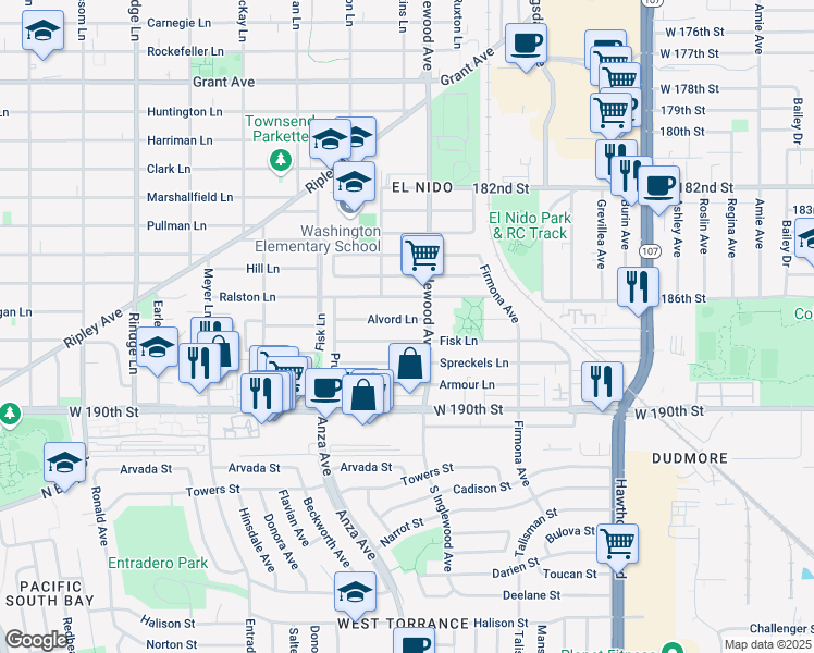 map of restaurants, bars, coffee shops, grocery stores, and more near 2610 Alvord Lane in Redondo Beach