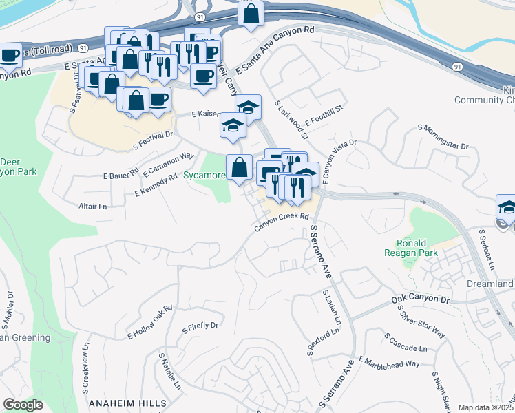 map of restaurants, bars, coffee shops, grocery stores, and more near 8018 East Snowberry Lane in Anaheim