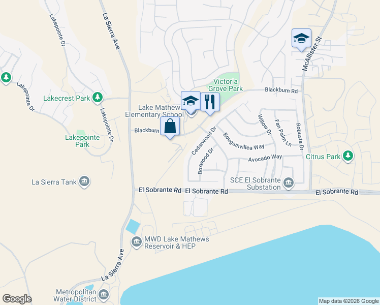 map of restaurants, bars, coffee shops, grocery stores, and more near 17833 Cedarwood Drive in Riverside