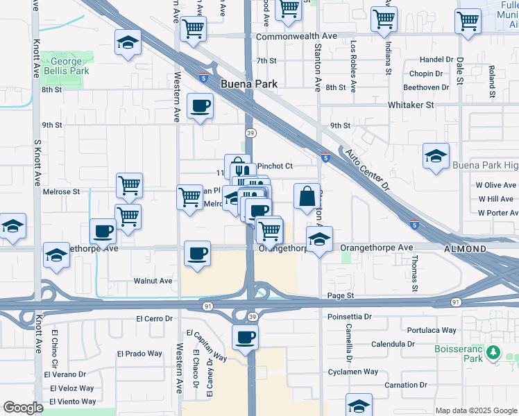 map of restaurants, bars, coffee shops, grocery stores, and more near 7762 Melrose St in Buena Park
