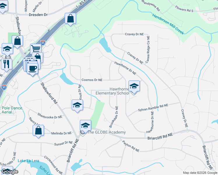 map of restaurants, bars, coffee shops, grocery stores, and more near 2754 Foster Ridge Road Northeast in Atlanta