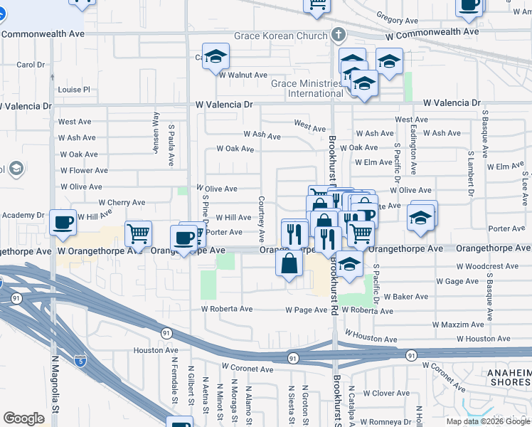 map of restaurants, bars, coffee shops, grocery stores, and more near 912 South Courtney Avenue in Fullerton