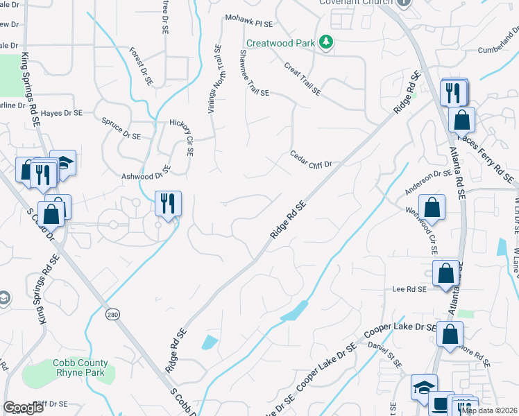 map of restaurants, bars, coffee shops, grocery stores, and more near 3881 Glenhurst Drive in Smyrna