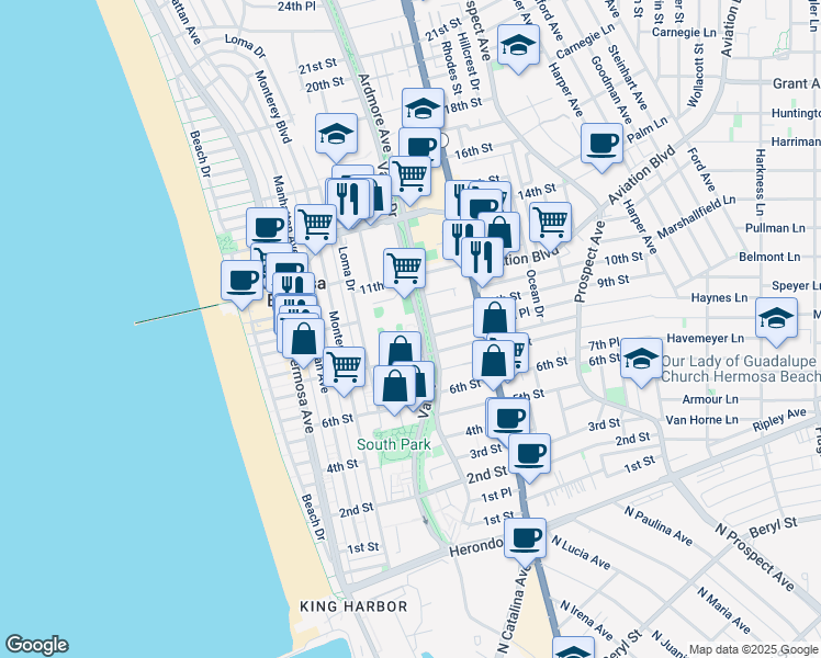 map of restaurants, bars, coffee shops, grocery stores, and more near 861 Valley Drive in Hermosa Beach