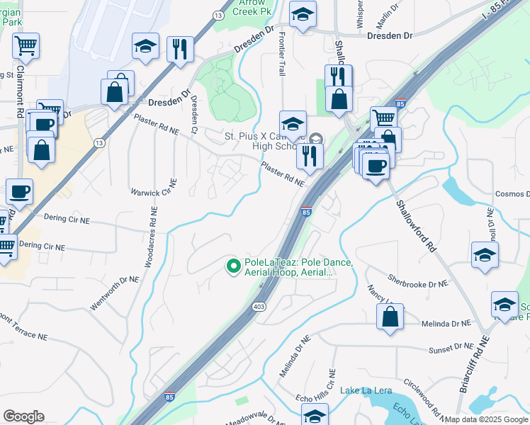 map of restaurants, bars, coffee shops, grocery stores, and more near 2560 New Haven Drive Northeast in Atlanta