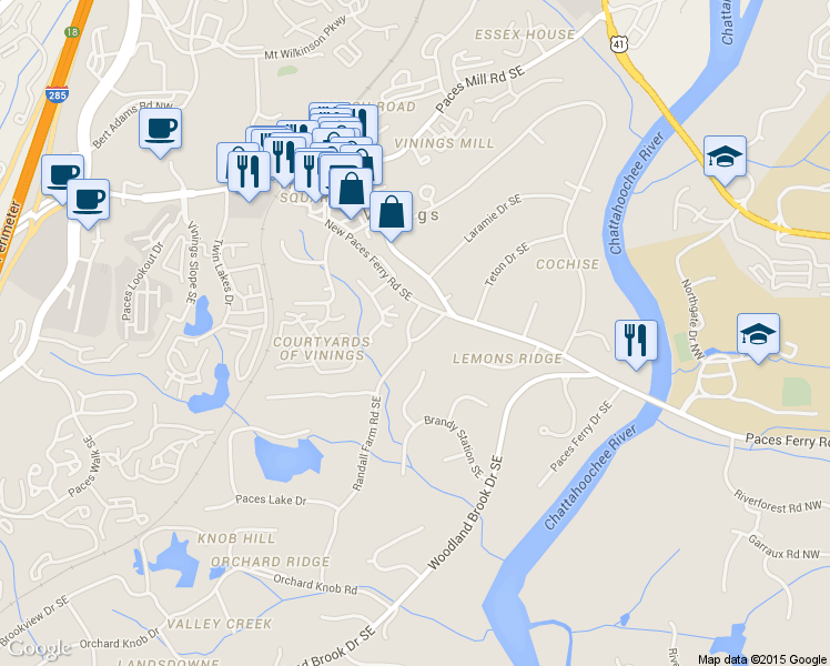 map of restaurants, bars, coffee shops, grocery stores, and more near 3781 Randall Farm Road Southeast in Atlanta
