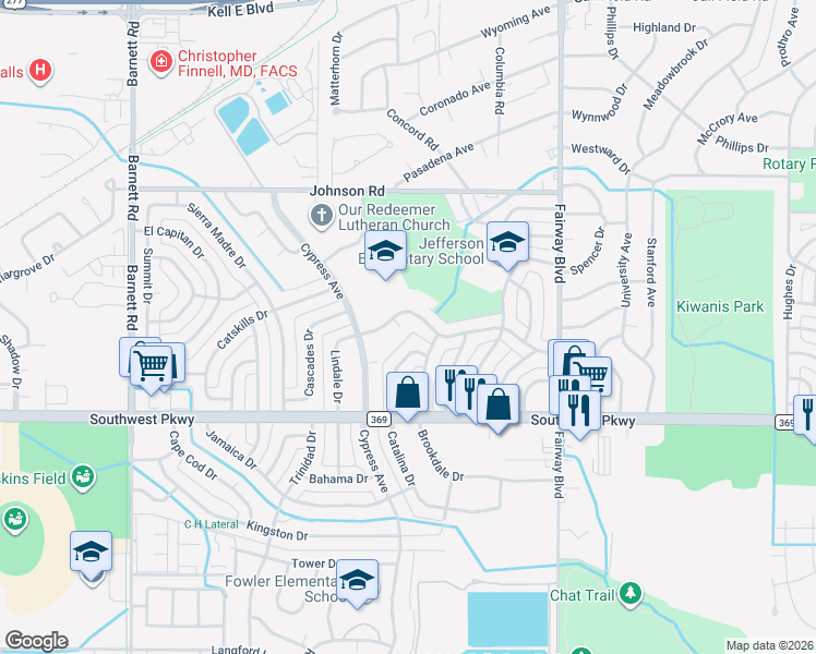 map of restaurants, bars, coffee shops, grocery stores, and more near 5005 Lindale Drive in Wichita Falls