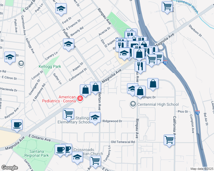 map of restaurants, bars, coffee shops, grocery stores, and more near 933 Lucas Place in Corona