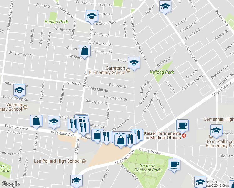 map of restaurants, bars, coffee shops, grocery stores, and more near 370 East Old Mill Road in Corona