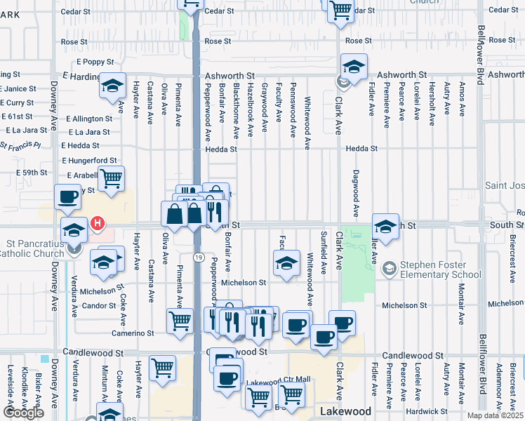 map of restaurants, bars, coffee shops, grocery stores, and more near 5819 Graywood Avenue in Lakewood