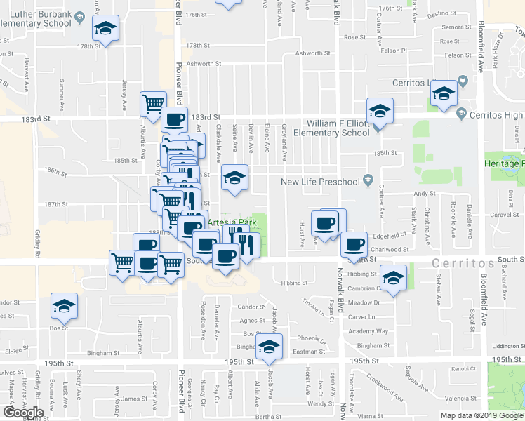 map of restaurants, bars, coffee shops, grocery stores, and more near 11974 Droxford Street in Artesia