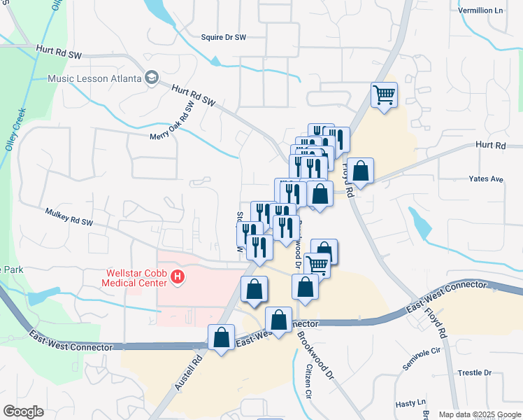 map of restaurants, bars, coffee shops, grocery stores, and more near 1581 Blue Ridge Drive Southwest in Marietta