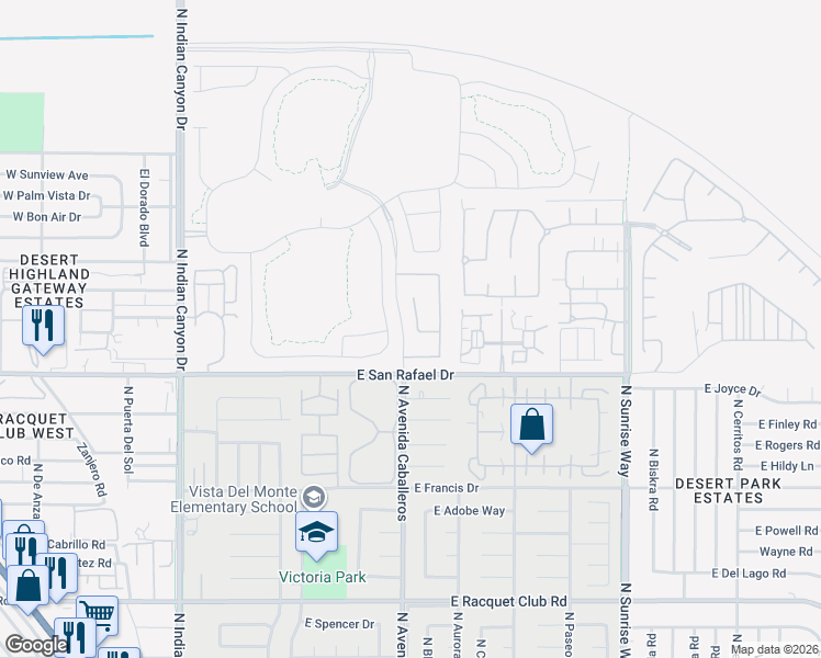 map of restaurants, bars, coffee shops, grocery stores, and more near 3330 East Circulo San Sorrento Road in Palm Springs