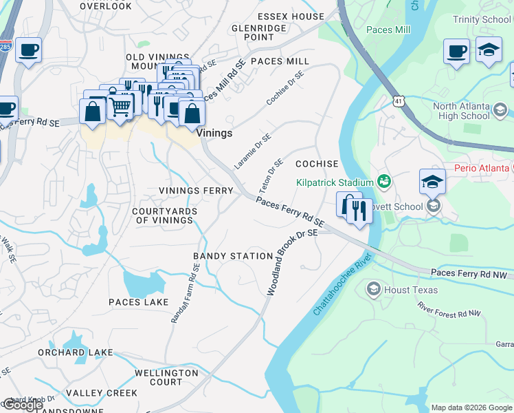 map of restaurants, bars, coffee shops, grocery stores, and more near 4248 Paces Ferry Road Southeast in Atlanta