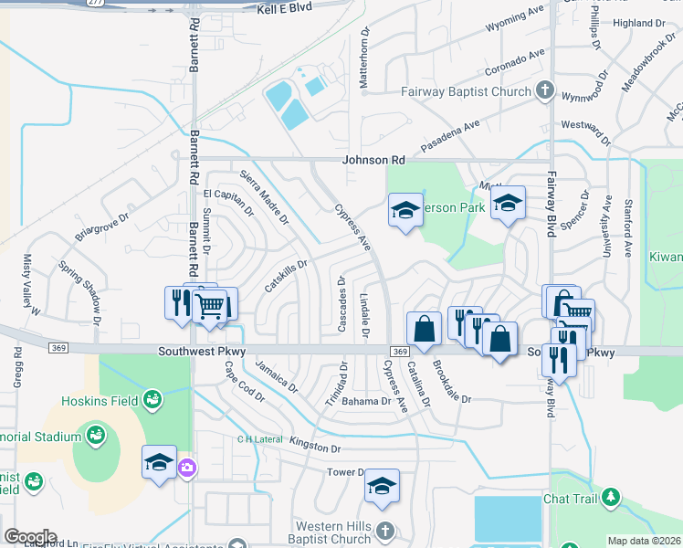 map of restaurants, bars, coffee shops, grocery stores, and more near 4612 Cascades Drive in Wichita Falls