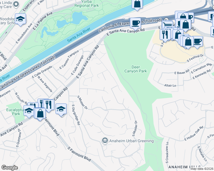 map of restaurants, bars, coffee shops, grocery stores, and more near 180 South Possum Hollow in Anaheim