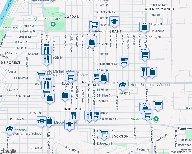 map of restaurants, bars, coffee shops, grocery stores, and more near 5852 Orange Avenue in Long Beach