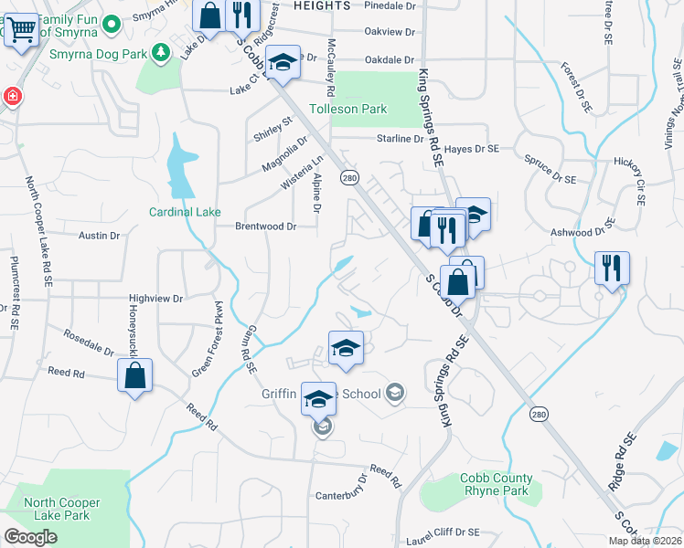 map of restaurants, bars, coffee shops, grocery stores, and more near 1009 Mill Pond Drive in Smyrna