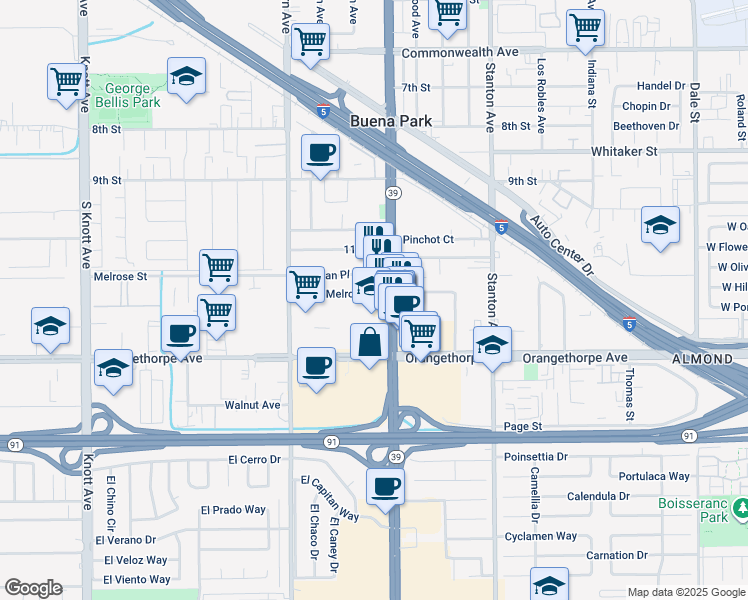 map of restaurants, bars, coffee shops, grocery stores, and more near 7702 Melrose Street in Buena Park