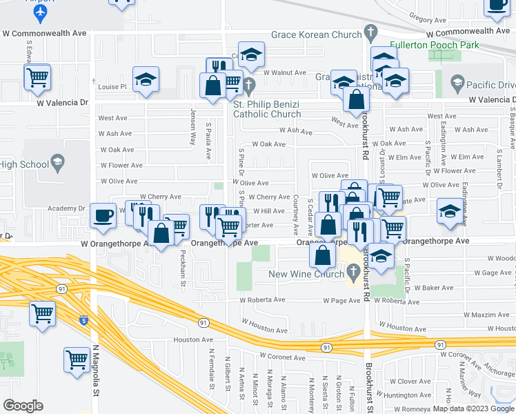 map of restaurants, bars, coffee shops, grocery stores, and more near 2119 West Hill Avenue in Fullerton