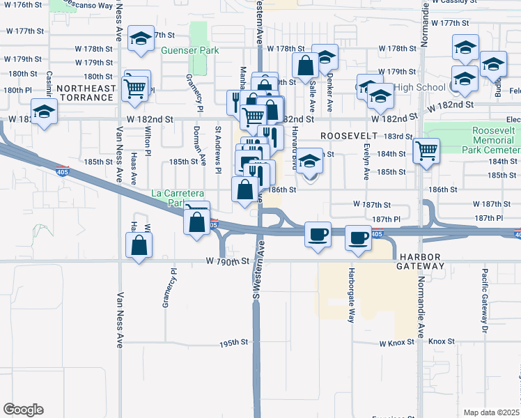 map of restaurants, bars, coffee shops, grocery stores, and more near 18726 Western Avenue in Gardena