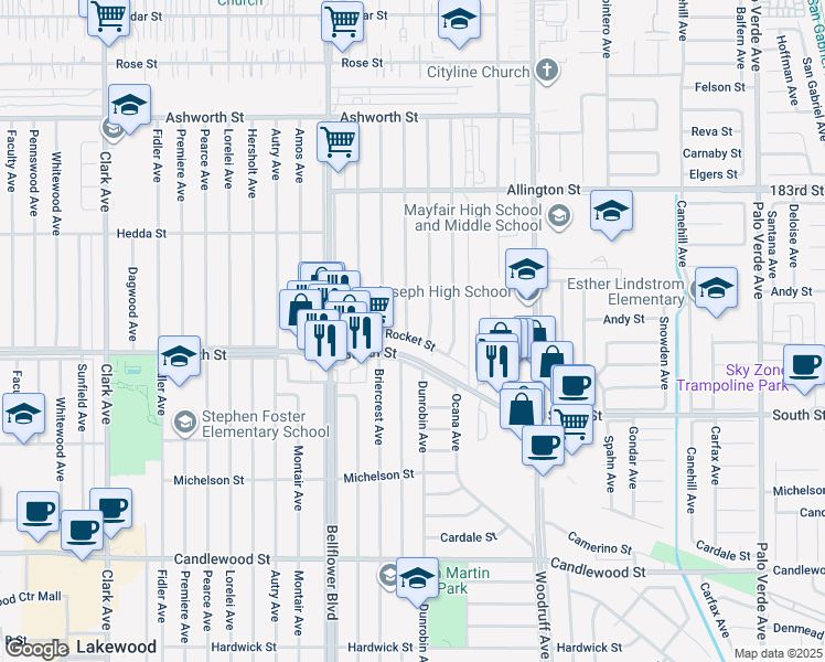 map of restaurants, bars, coffee shops, grocery stores, and more near 5631 Rocket Street in Lakewood