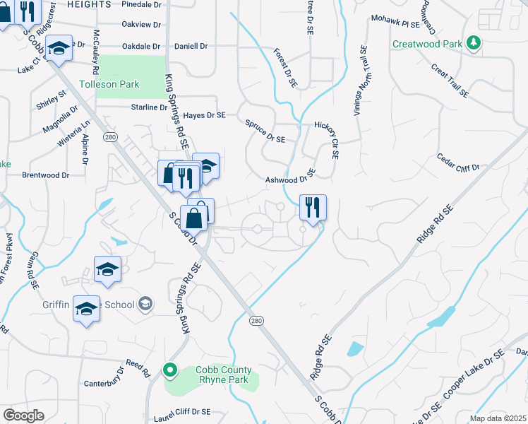 map of restaurants, bars, coffee shops, grocery stores, and more near 7058 Roundtable Court Southeast in Smyrna