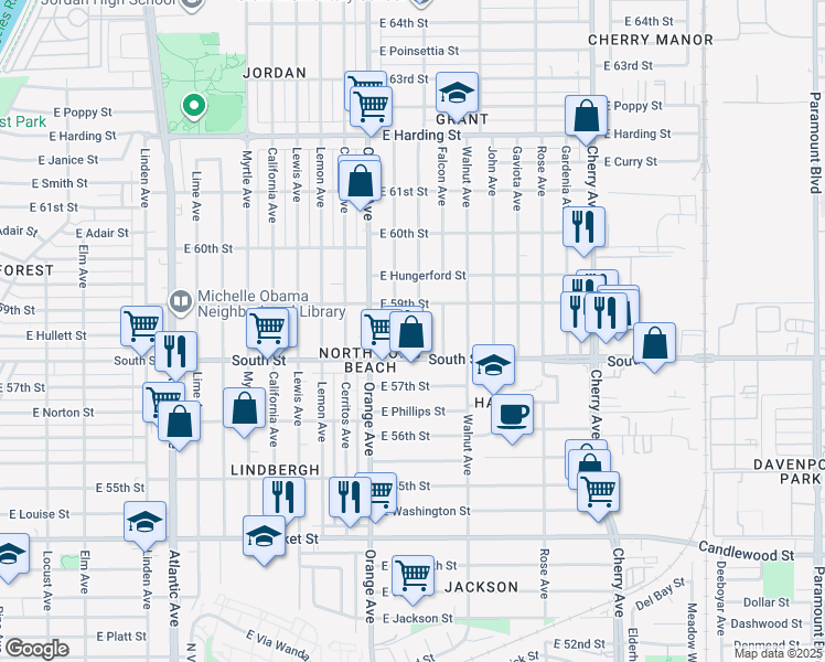 map of restaurants, bars, coffee shops, grocery stores, and more near 5845 Gundry Avenue in Long Beach