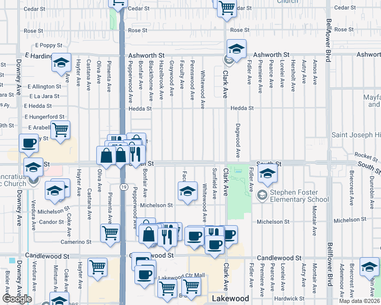 map of restaurants, bars, coffee shops, grocery stores, and more near 5817 Pennswood Avenue in Lakewood