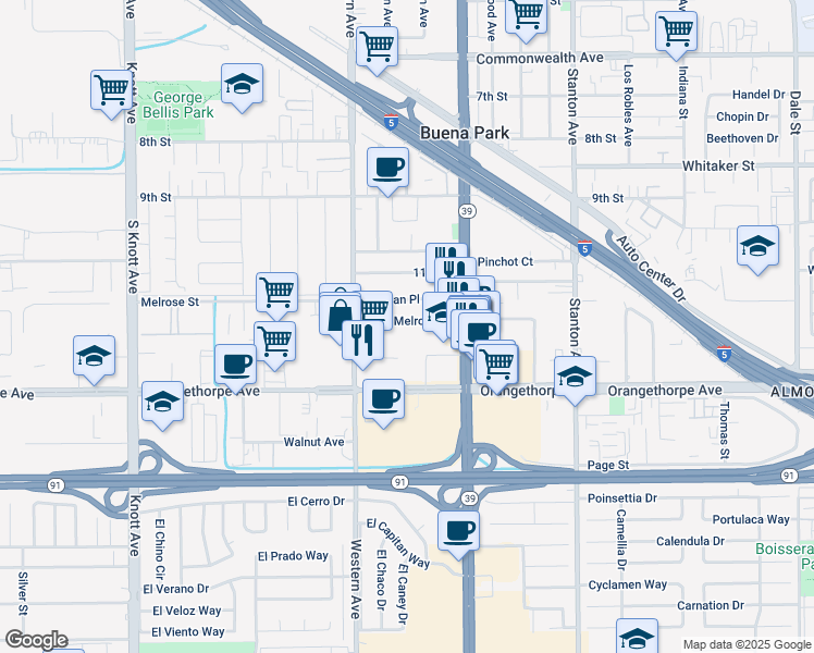 map of restaurants, bars, coffee shops, grocery stores, and more near 7622 Melrose Street in Buena Park