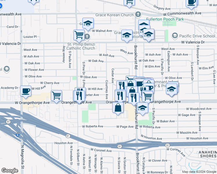 map of restaurants, bars, coffee shops, grocery stores, and more near 912 South Courtney Avenue in Fullerton