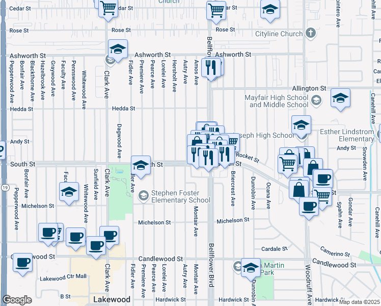 map of restaurants, bars, coffee shops, grocery stores, and more near 5816 Autry Avenue in Lakewood