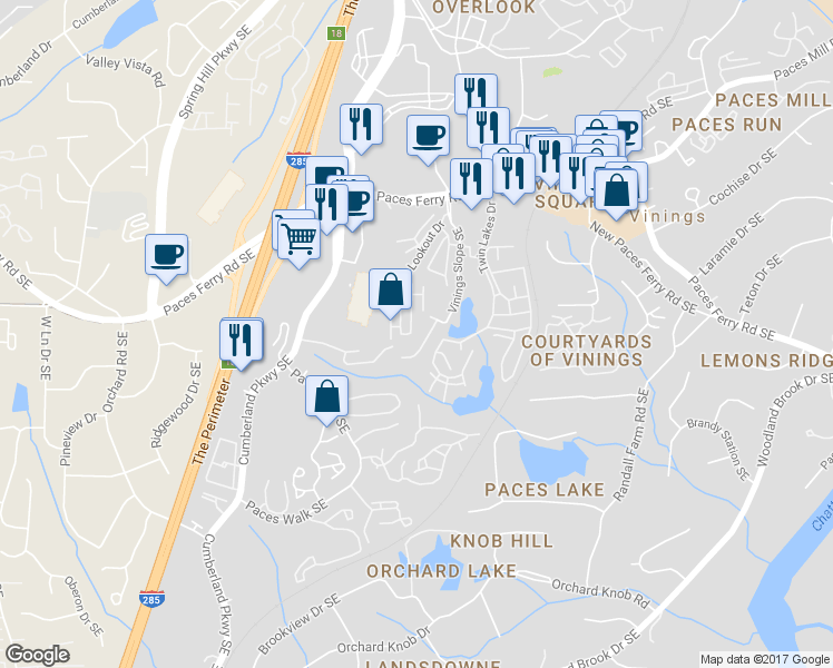 map of restaurants, bars, coffee shops, grocery stores, and more near 3805 Paces Lookout Circle Southeast in Atlanta