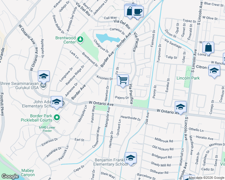 map of restaurants, bars, coffee shops, grocery stores, and more near 2052 Valor Drive in Corona