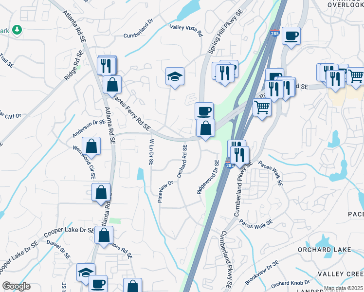map of restaurants, bars, coffee shops, grocery stores, and more near 2346 Paces Ferry Road Southeast in Smyrna