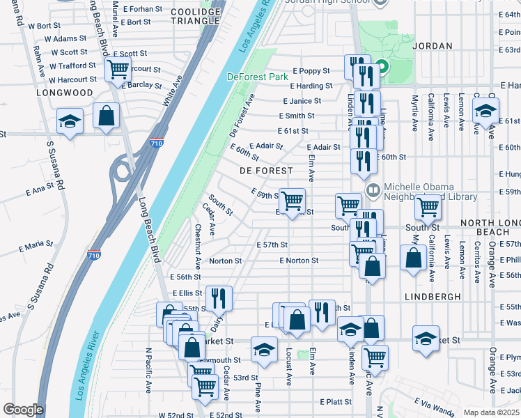 map of restaurants, bars, coffee shops, grocery stores, and more near 195 East Hullett Street in Long Beach