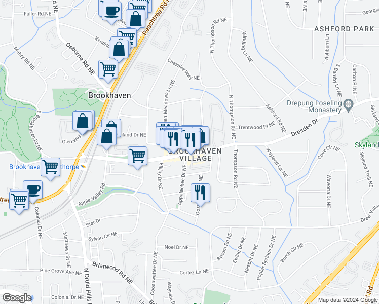 map of restaurants, bars, coffee shops, grocery stores, and more near 1430 Dresden Drive Northeast in Atlanta