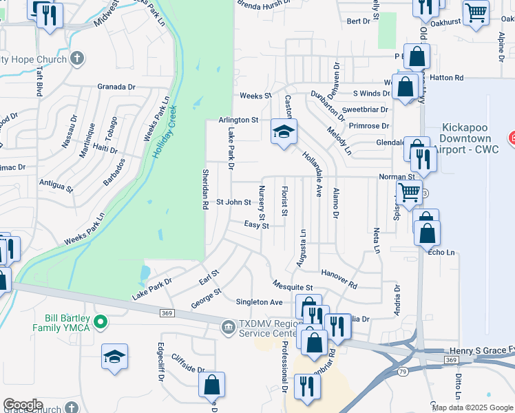 map of restaurants, bars, coffee shops, grocery stores, and more near 1601 Saint John Street in Wichita Falls
