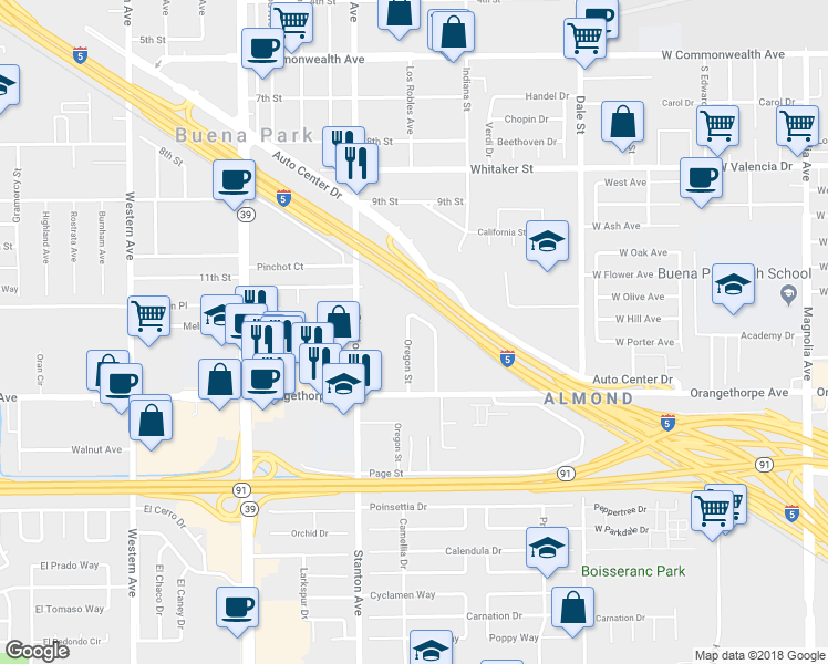 map of restaurants, bars, coffee shops, grocery stores, and more near 6842 Oregon Street in Buena Park