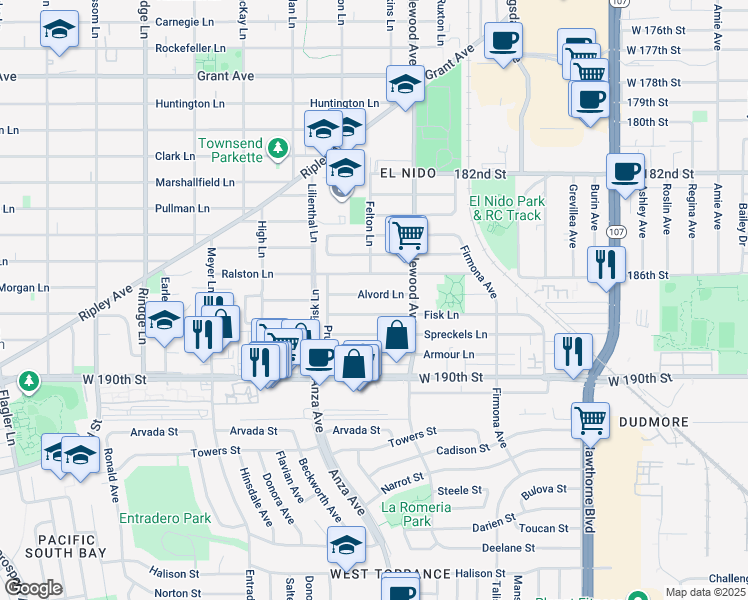 map of restaurants, bars, coffee shops, grocery stores, and more near 2600 Alvord Lane in Redondo Beach