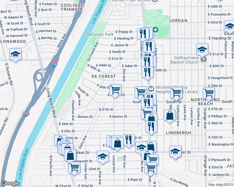 map of restaurants, bars, coffee shops, grocery stores, and more near 321 East Hullett Street in Long Beach