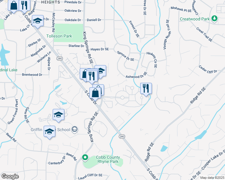 map of restaurants, bars, coffee shops, grocery stores, and more near 1300 South Lea Court Southeast in Smyrna