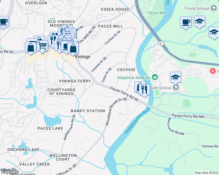 map of restaurants, bars, coffee shops, grocery stores, and more near 4075 Paces Ferry Road Southeast in Atlanta