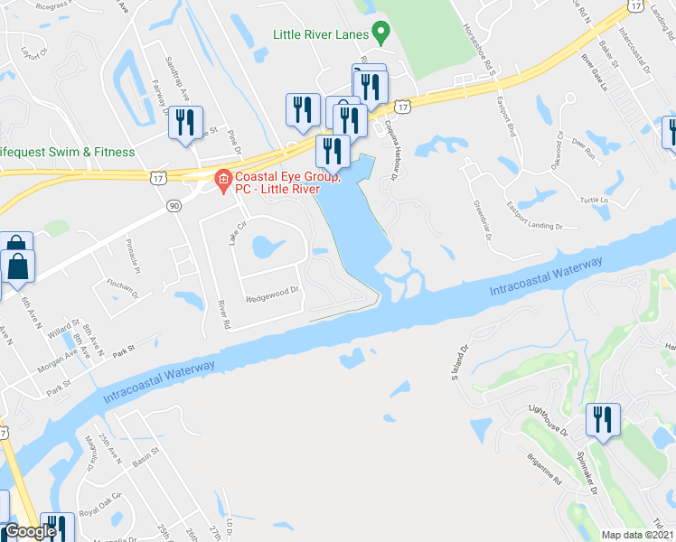 map of restaurants, bars, coffee shops, grocery stores, and more near 16D Villa Drive in North Myrtle Beach